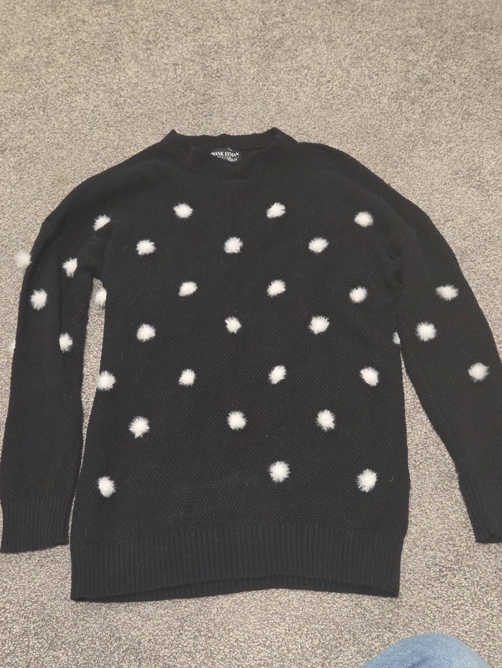 Frank Lyman Designer Black Crewneck Sweater with White Pom-Poms